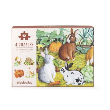 4 Mini Puzzles, Tiere und Jahreszeiten 4 x 12 St., Le Jardin du Moulin, Moulin Roty
