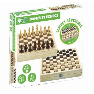 Schach und Dame, Spiele im Holzkoffer, Gesellschaftsspiel, JeuJura
