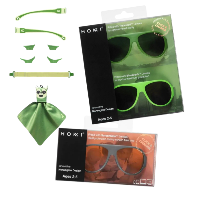  TOP ANGEBOT! Mokki Sonnenbrille grün, 2-5 years +Screensafe Brille und Accessoire Set geschenkt