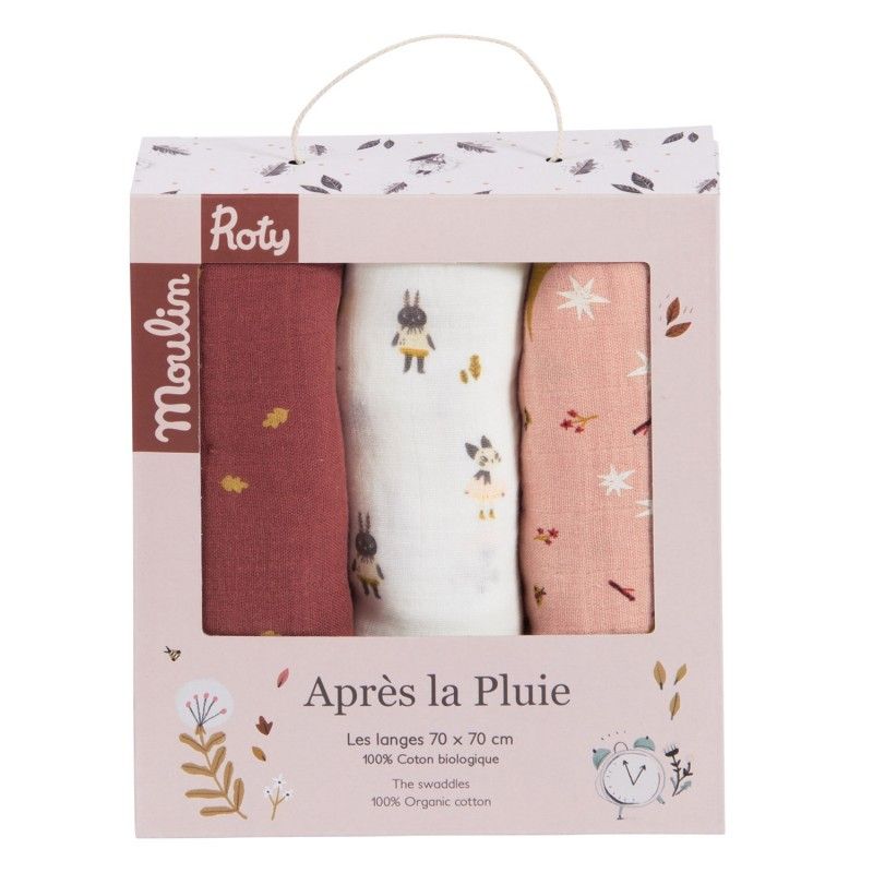 3er Set Swaddles (Figuren/Sterne/Blätter), Après la Pluie, Moulin Roty
