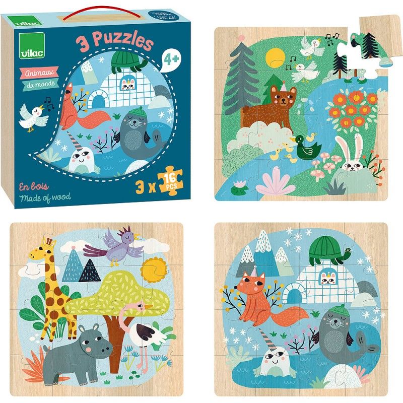 Puzzle Set Tiere der Welt 3x16 Stk., Michelle Carlslund, Vilac