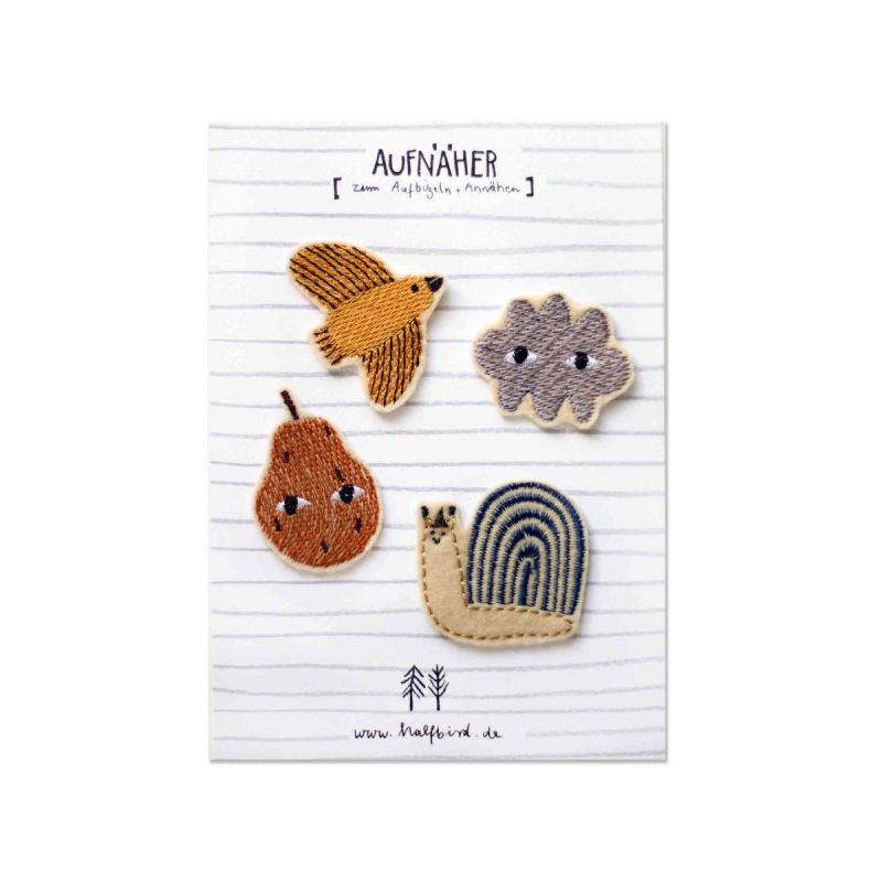 Aufnäher Set, Schnecke, Birne, Wolke, Vogel, Halfbird