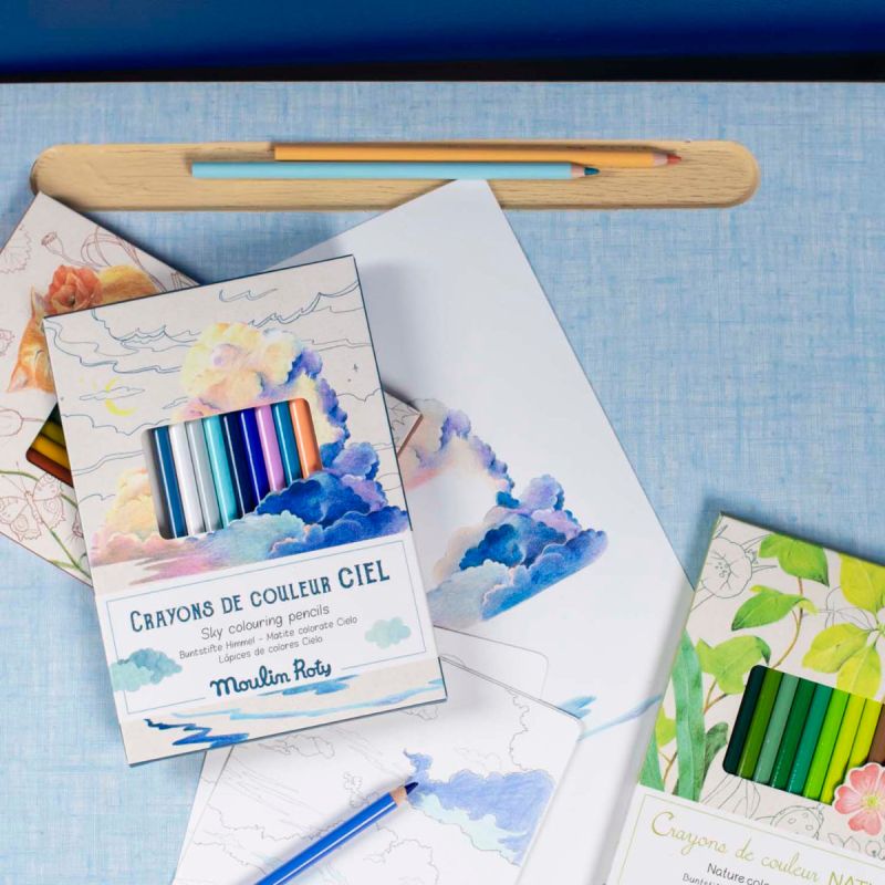 12 Buntstifte mit Himmelskarten, L'explorateur, Le Jardin du Moulin, Moulin Roty