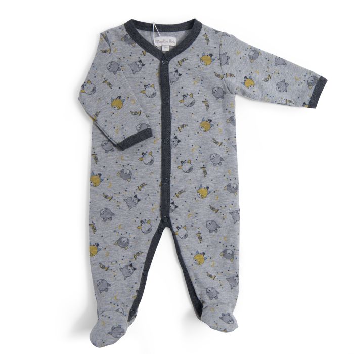 Pyjama 6m jersey gris chiné allover chats, Les Moustaches, Moulin Roty