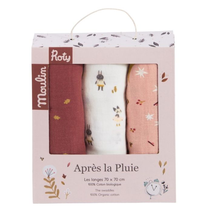 3er Set Swaddles (Figuren/Sterne/Blätter), Après la Pluie, Moulin Roty